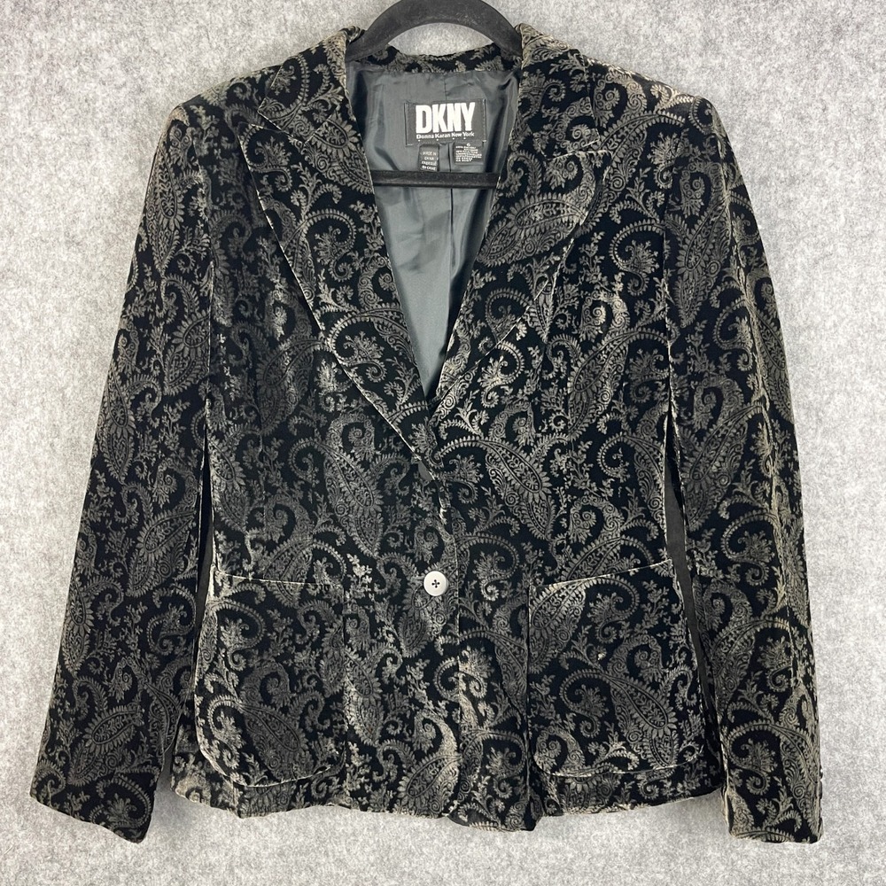 Vintage DKNY Velvet Blazer Womens 6 Gray Black Paisley Silk Blend Whimsigoth 90s